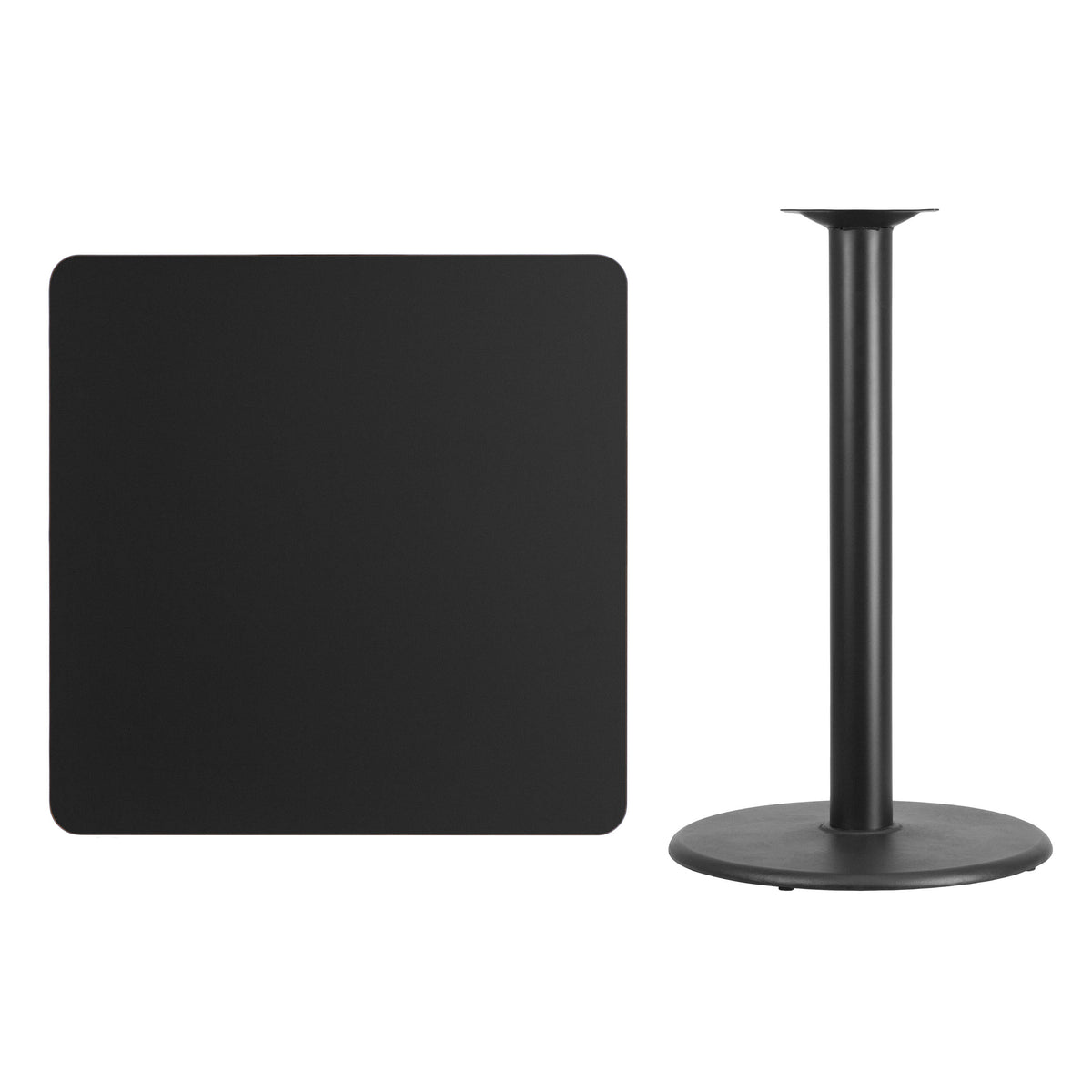 Black |#| 36" Square Black Laminate Table Top with 24" Round Bar Height Table Base