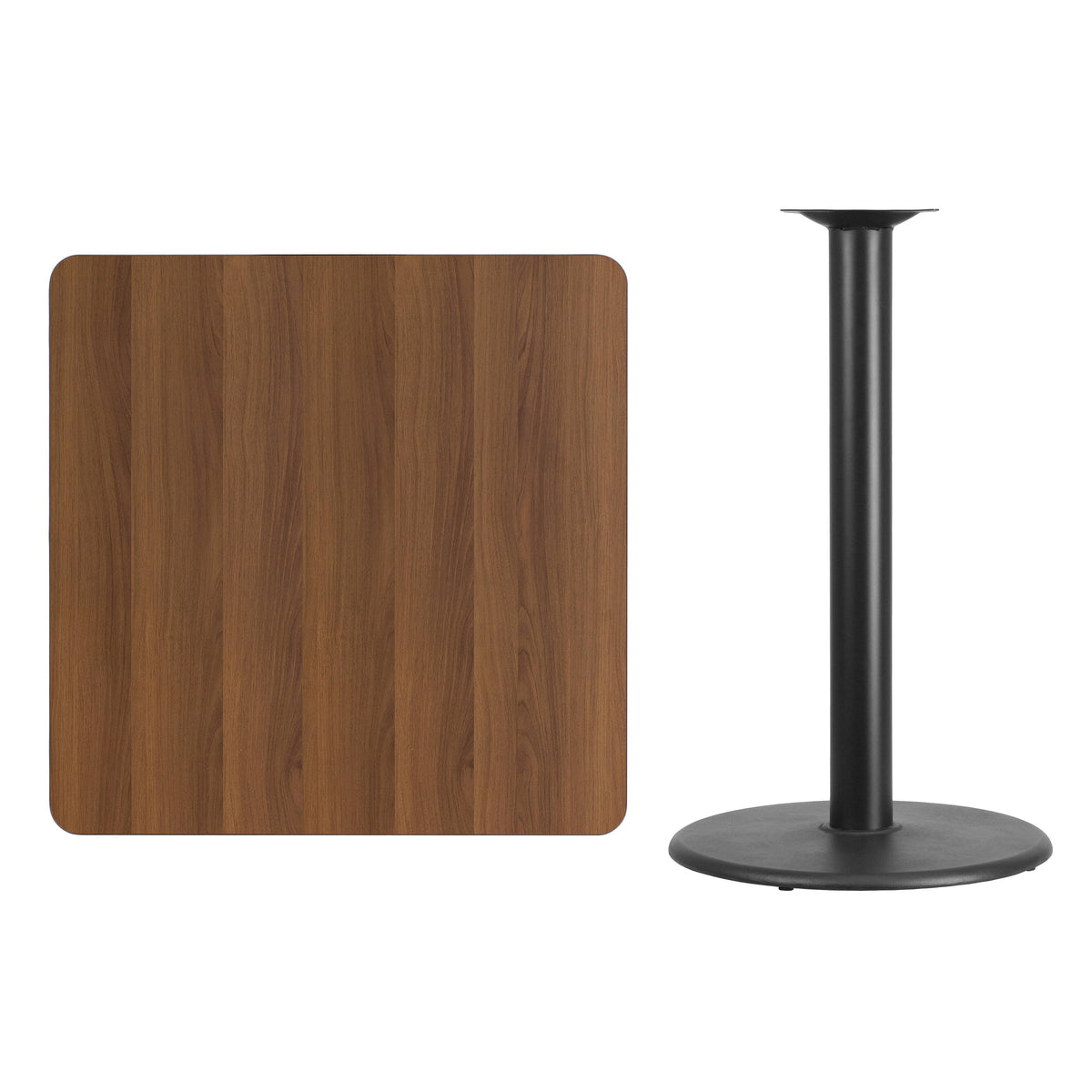 Walnut |#| 36" Square Walnut Laminate Table Top with 24" Round Bar Height Table Base