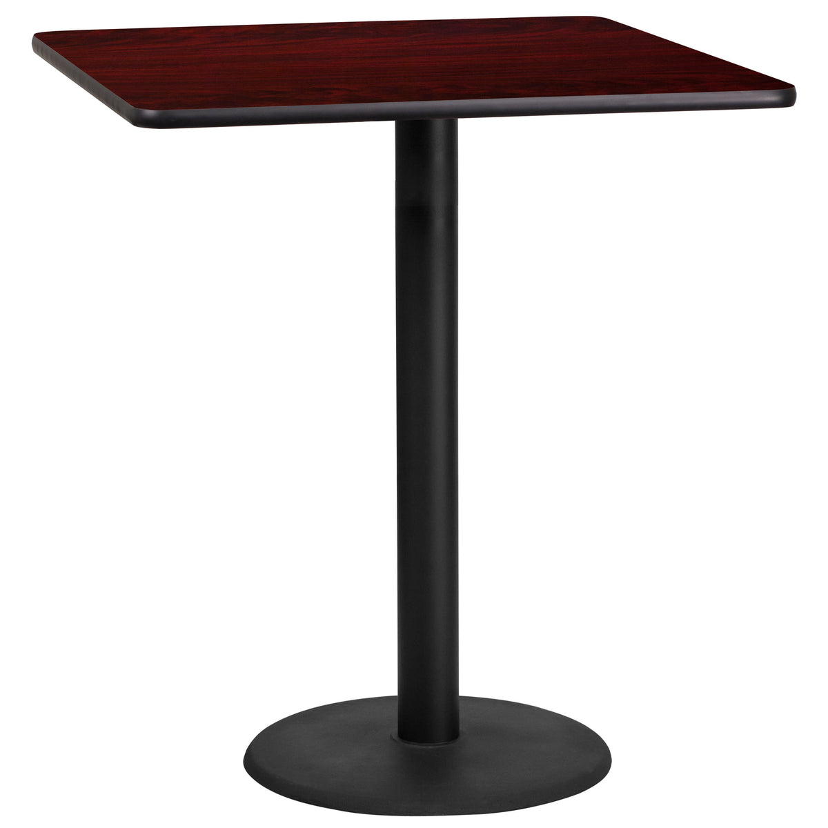 Mahogany |#| 36" Square Mahogany Laminate Table Top with 24" Round Bar Height Table Base