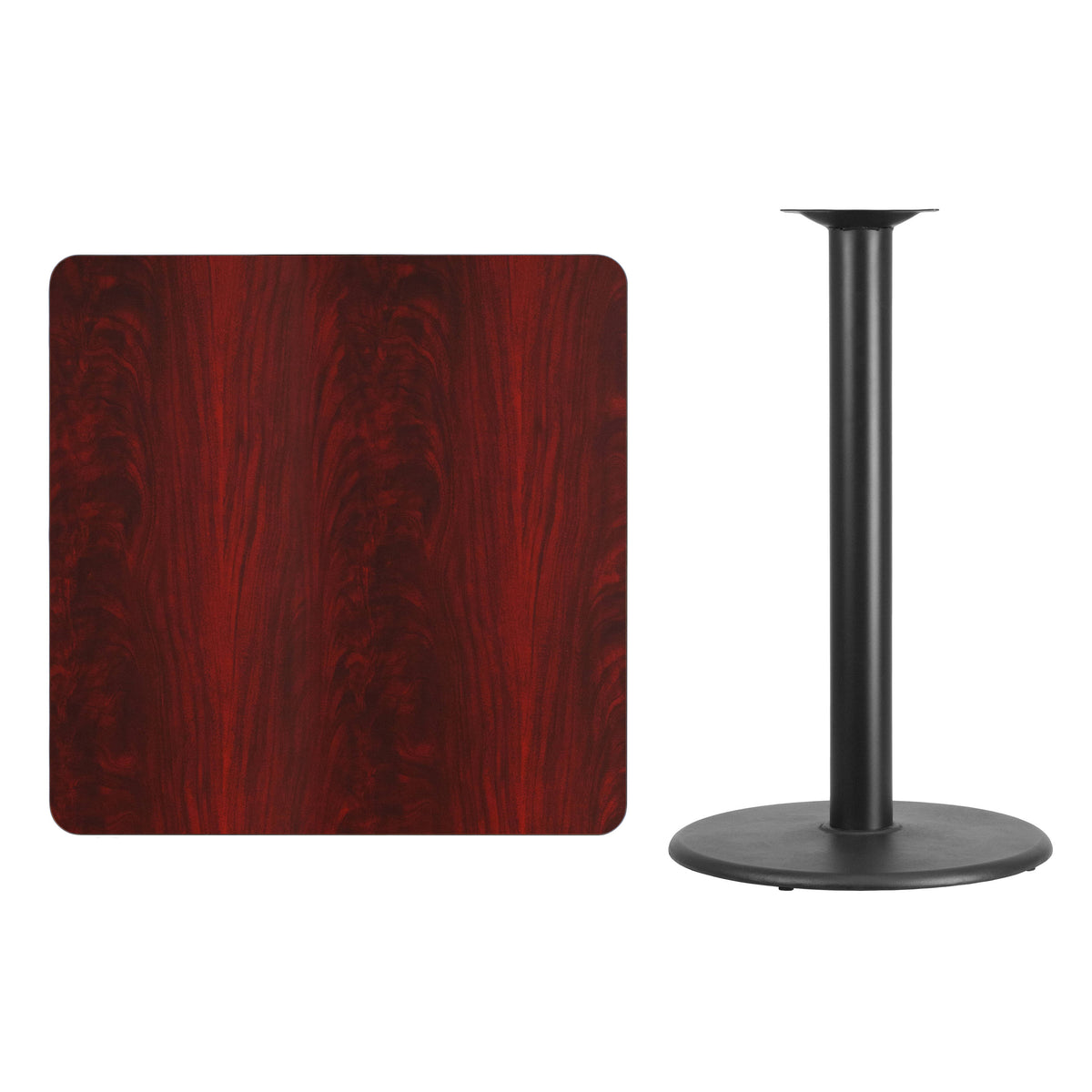 Mahogany |#| 36" Square Mahogany Laminate Table Top with 24" Round Bar Height Table Base
