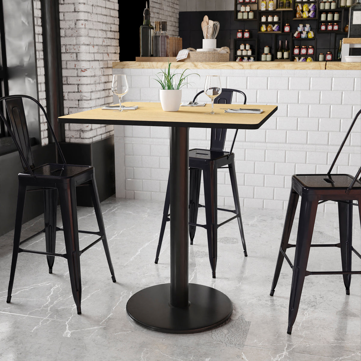 Natural |#| 36" Square Natural Laminate Table Top with 24" Round Bar Height Table Base