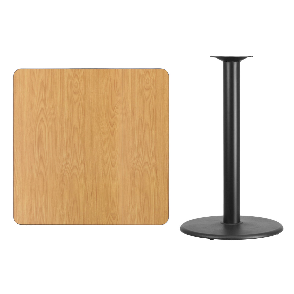 Natural |#| 36" Square Natural Laminate Table Top with 24" Round Bar Height Table Base