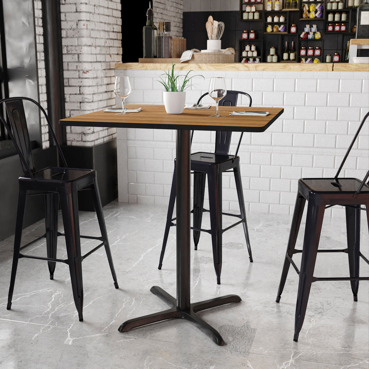 Walnut |#| 36" Square Walnut Laminate Table Top with 30" x 30" Bar Height Table Base