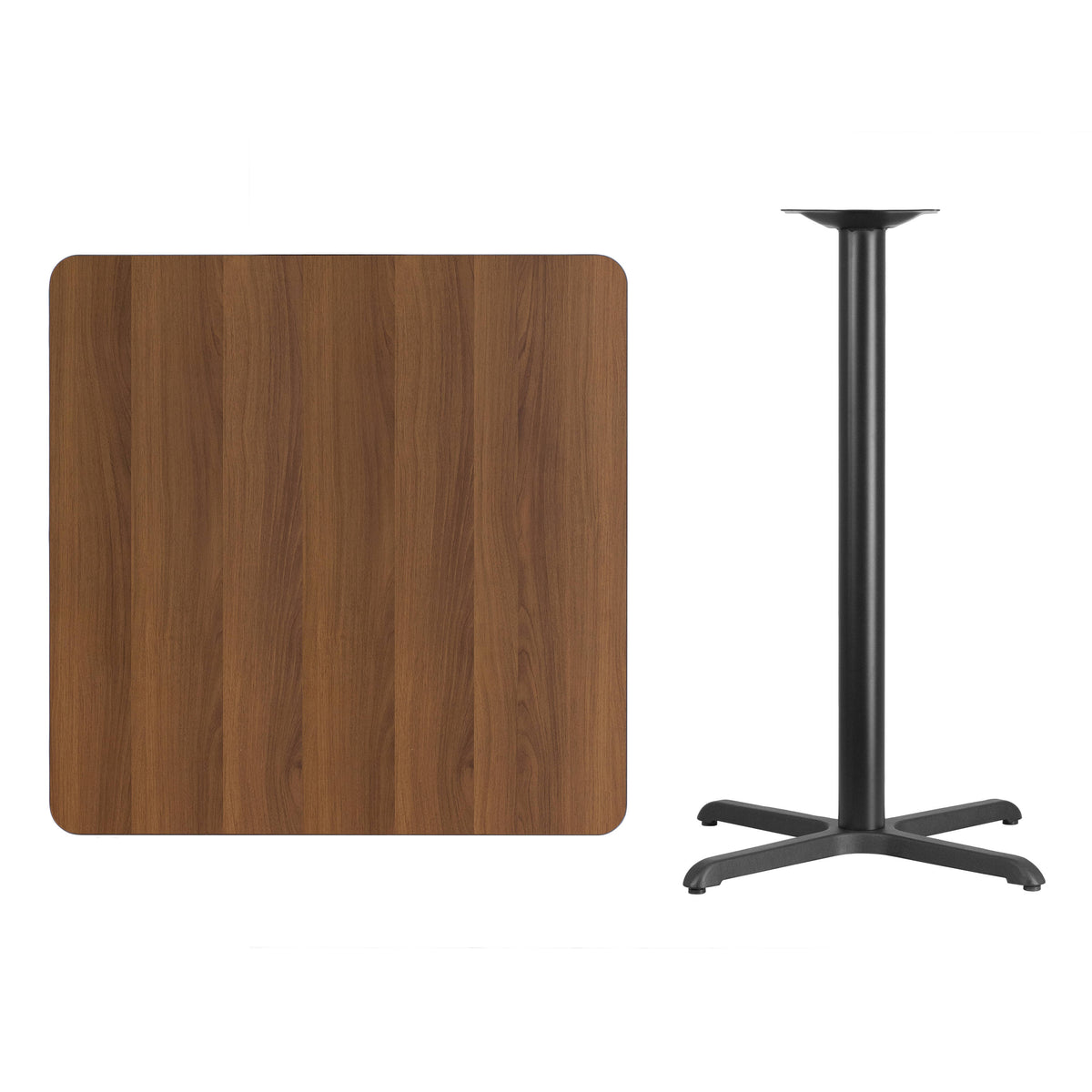 Walnut |#| 36" Square Walnut Laminate Table Top with 30" x 30" Bar Height Table Base