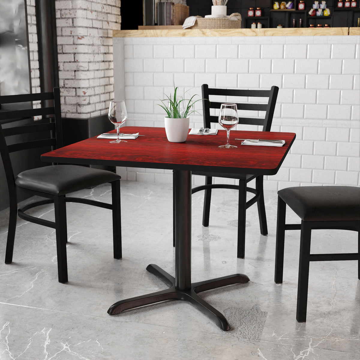 Mahogany |#| 36" Square Mahogany Laminate Table Top with 30" x 30" Table Height Base