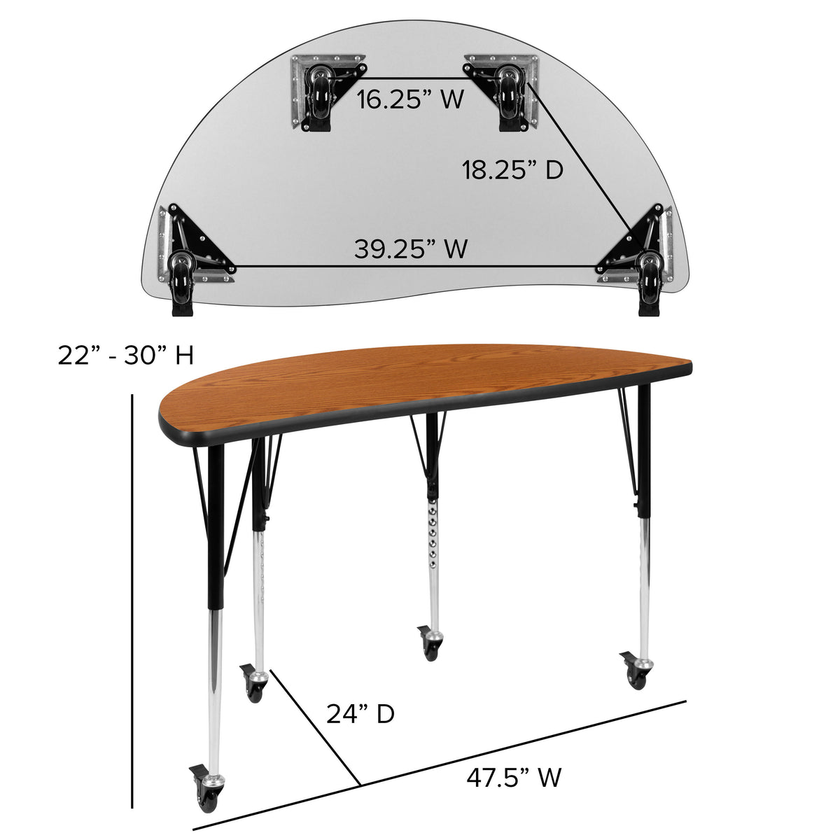Oak Top/Black Frame |#| 3 Piece Mobile 76" Oval Wave Flexible Oak Adjustable Activity Table Set