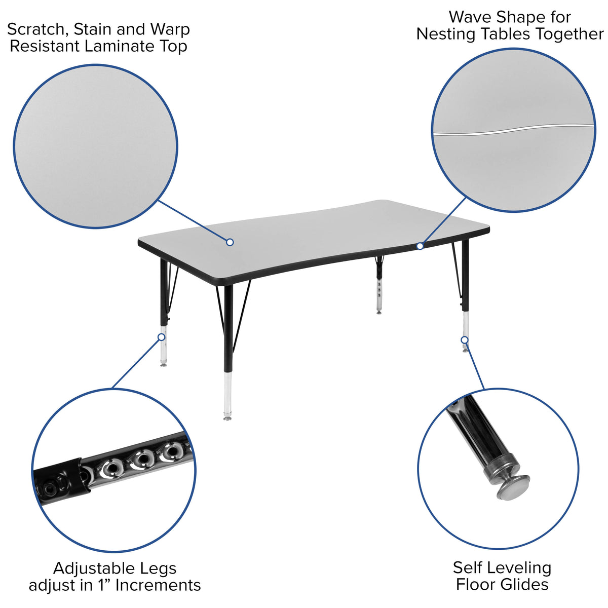 Grey Top/Black Frame |#| 3 Piece 76" Oval Wave Flexible Grey Kids Adjustable Activity Table Set