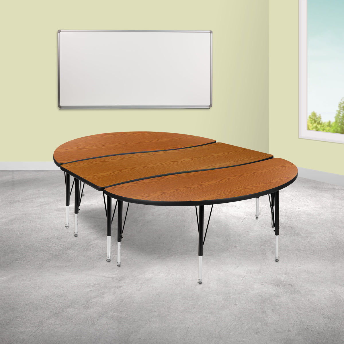 Oak Top/Black Frame |#| 3 Piece 86" Oval Wave Flexible Oak Kids Adjustable Activity Table Set