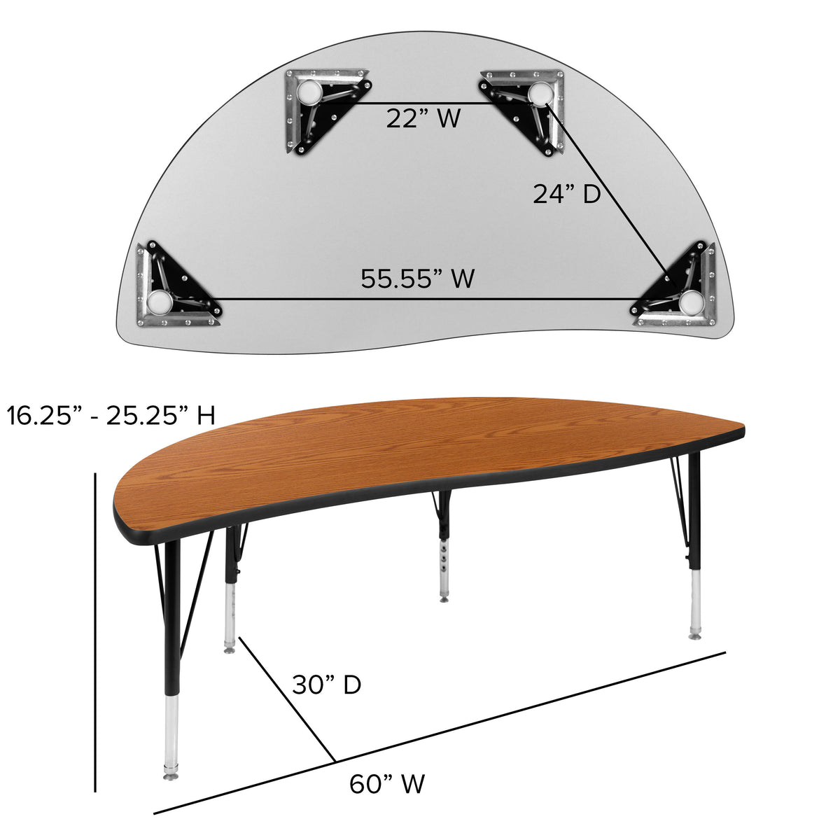 Oak Top/Black Frame |#| 3 Piece 86" Oval Wave Flexible Oak Kids Adjustable Activity Table Set