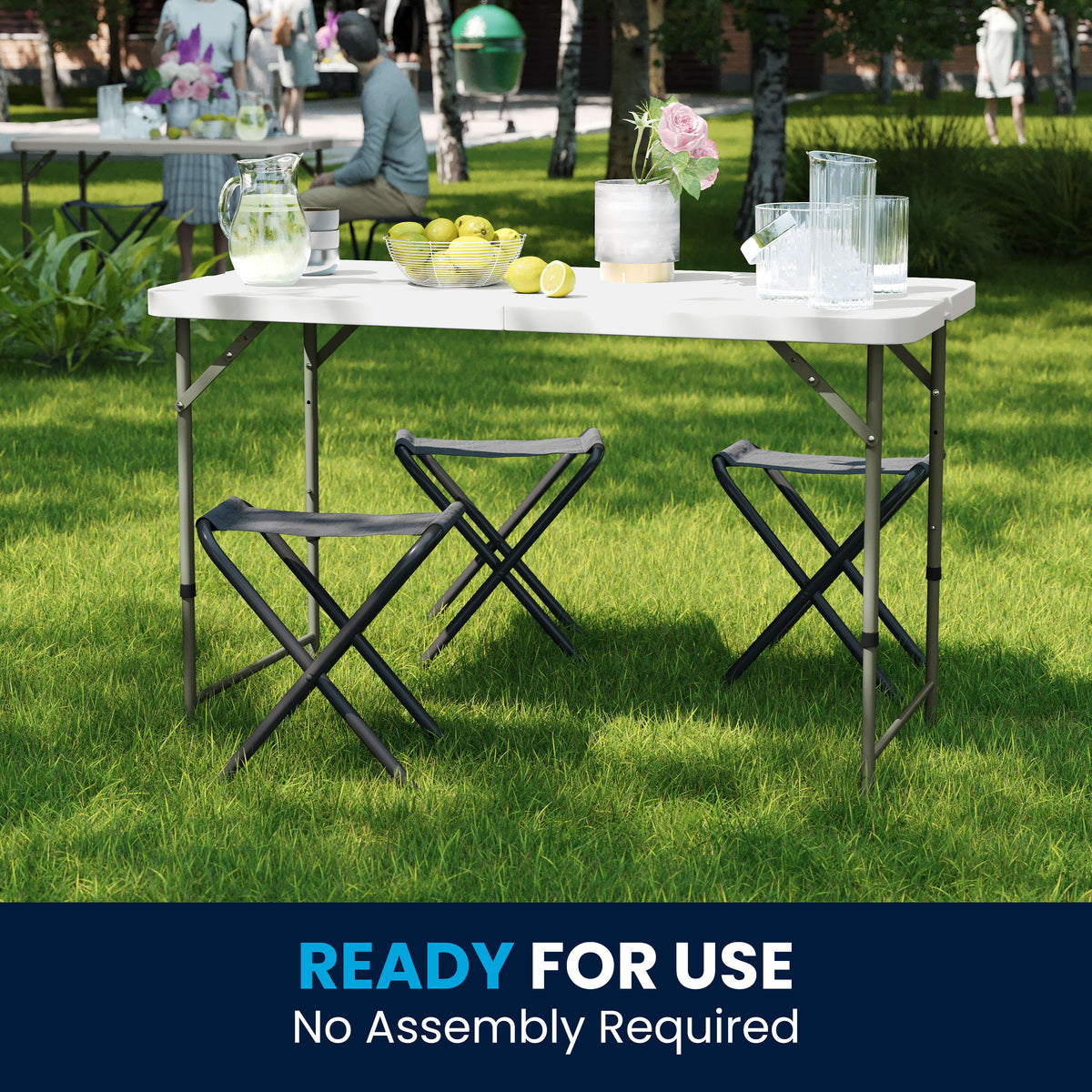 4-Foot Height Adjustable Bi-Fold White Plastic Folding Table w/ Handle