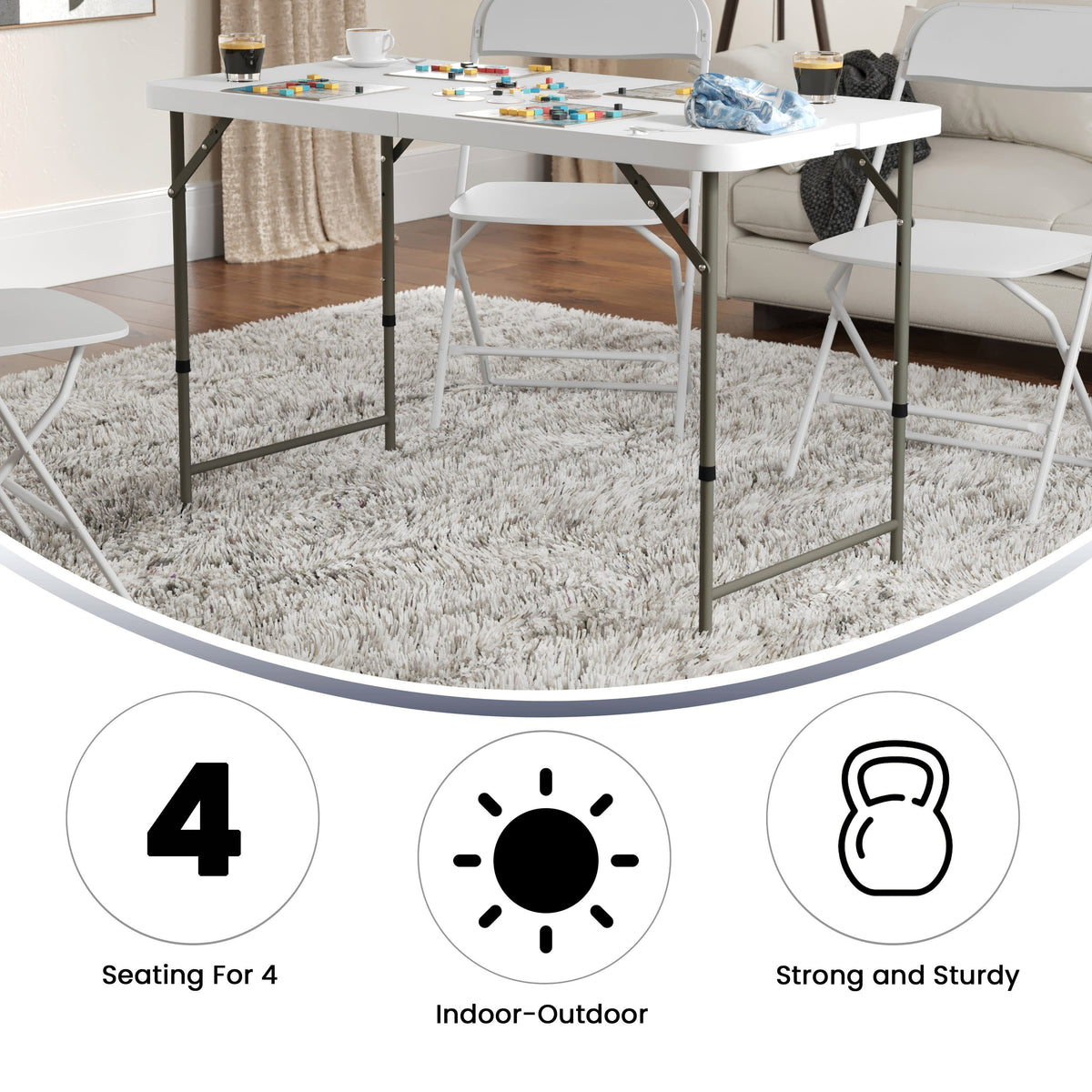 4-Foot Height Adjustable Bi-Fold White Plastic Folding Table w/ Handle