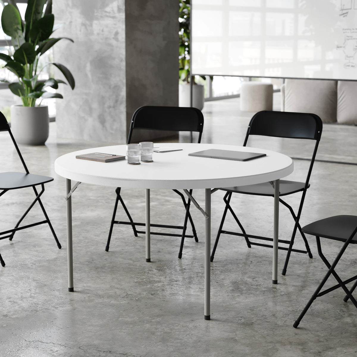 White |#| 4-Foot Round Granite White Plastic Folding Table - Banquet / Event Folding Table