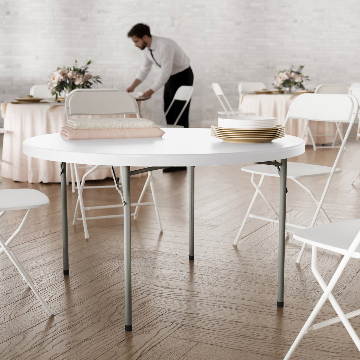 White |#| 4-Foot Round Granite White Plastic Folding Table - Banquet / Event Folding Table
