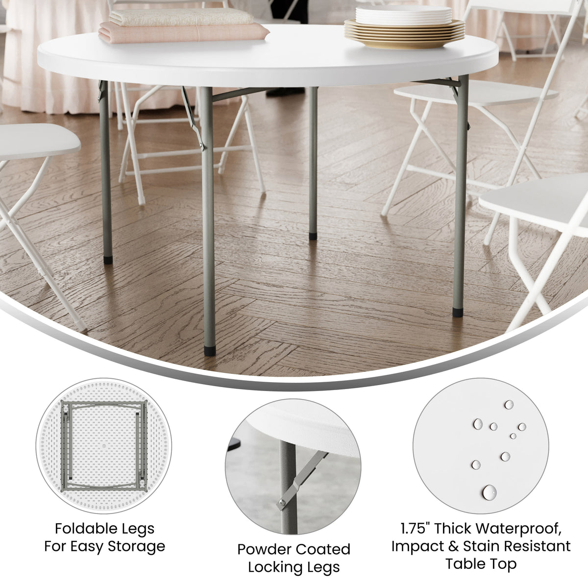 White |#| 4-Foot Round Granite White Plastic Folding Table - Banquet / Event Folding Table