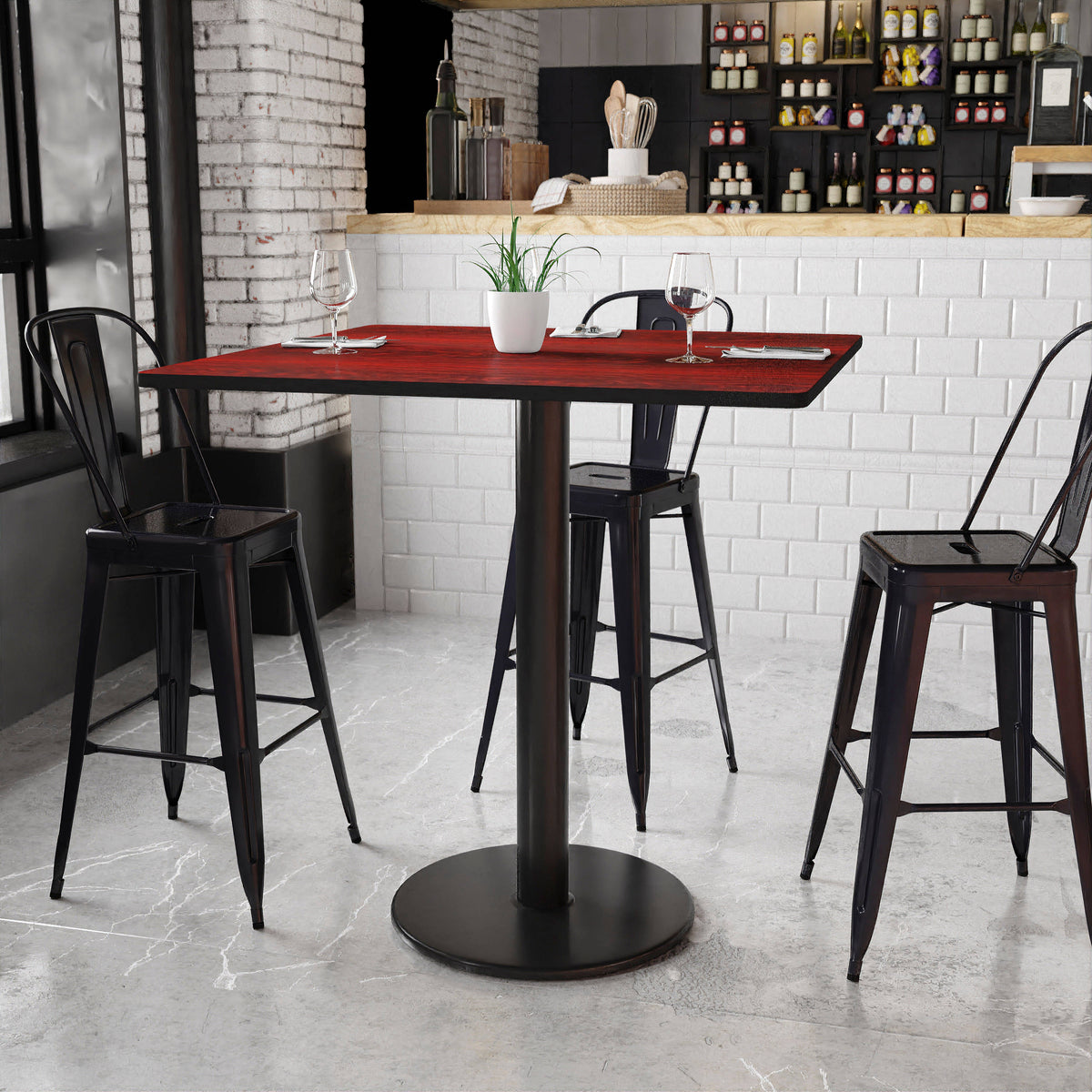 Mahogany |#| 42" Square Mahogany Laminate Table Top with 24" Round Bar Height Table Base