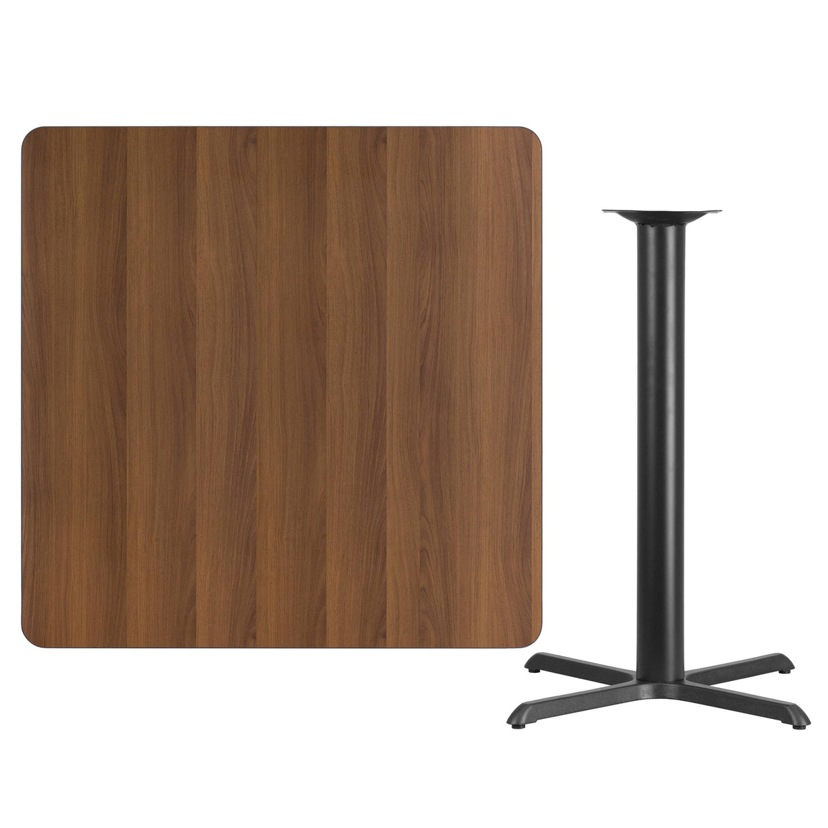 Walnut |#| 42" Square Walnut Laminate Table Top with 33" x 33" Bar Height Table Base