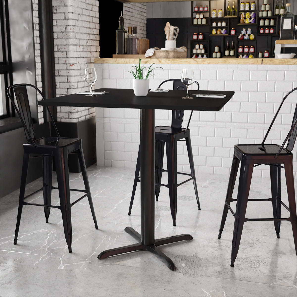 Black |#| 42" Square Black Laminate Table Top with 33" x 33" Bar Height Table Base