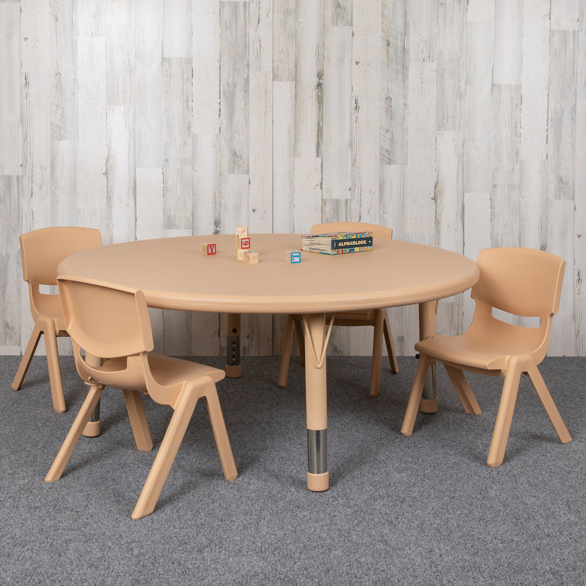 Natural |#| 45" Round Natural Plastic Height Adjustable Activity Table Set with 4 Chairs