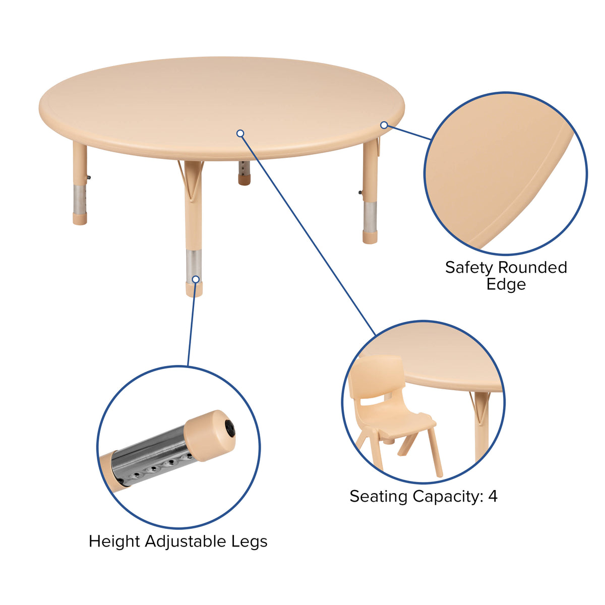 Natural |#| 45" Round Natural Plastic Height Adjustable Activity Table Set with 4 Chairs