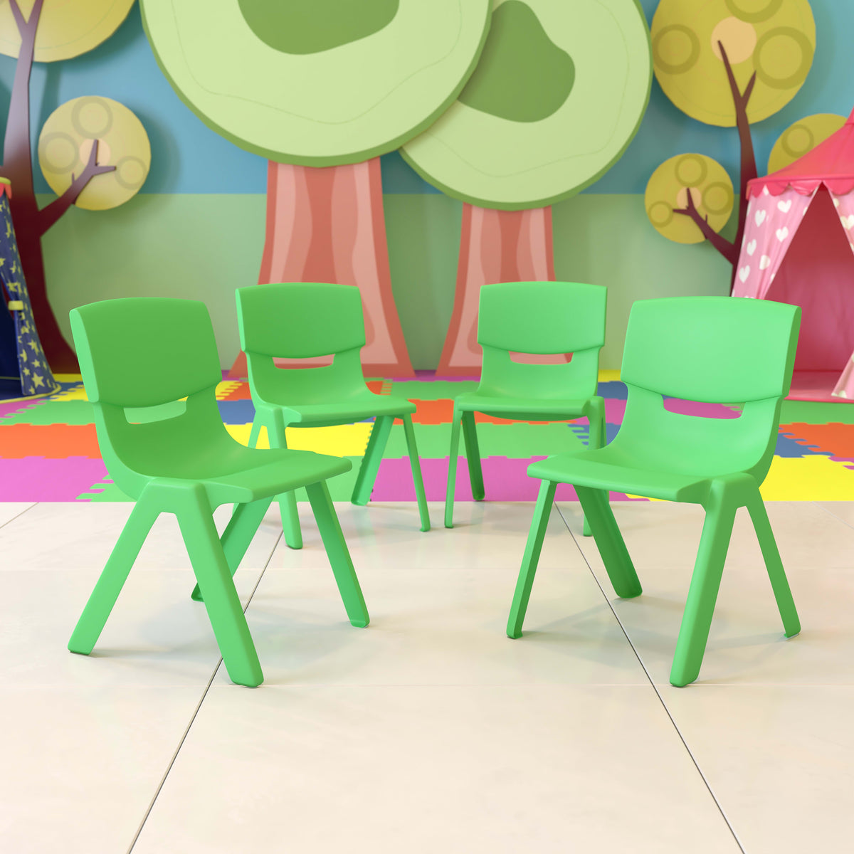Green |#| 4 Pack Green Plastic Stack School Chair with 13.25"H Seat, K-2 School Chair