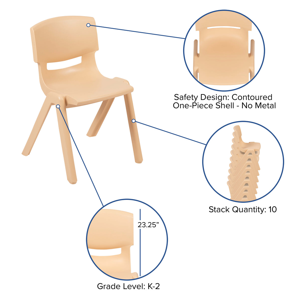 Assorted |#| 4 Pack Plastic Stackable K-2 School Chair with 13.25"H Seat, Assorted Colors