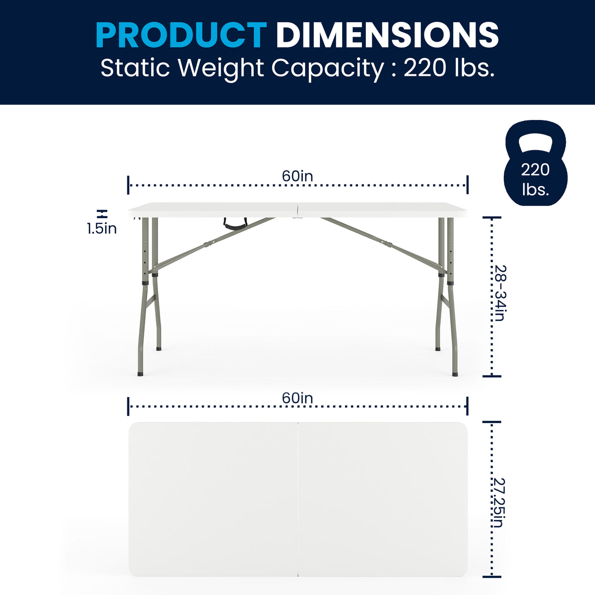5-Foot Height Adjustable Bi-Fold Granite White Plastic Folding Table with Handle