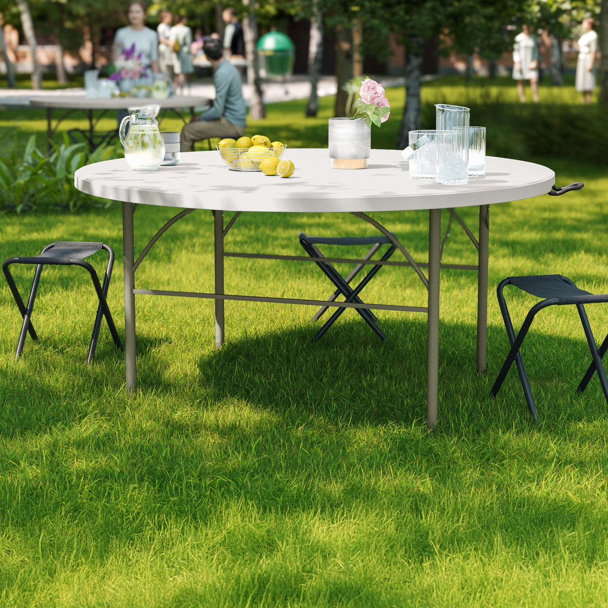 5-Foot Round Bi-Fold Granite White Plastic Folding Table with Carrying Handle