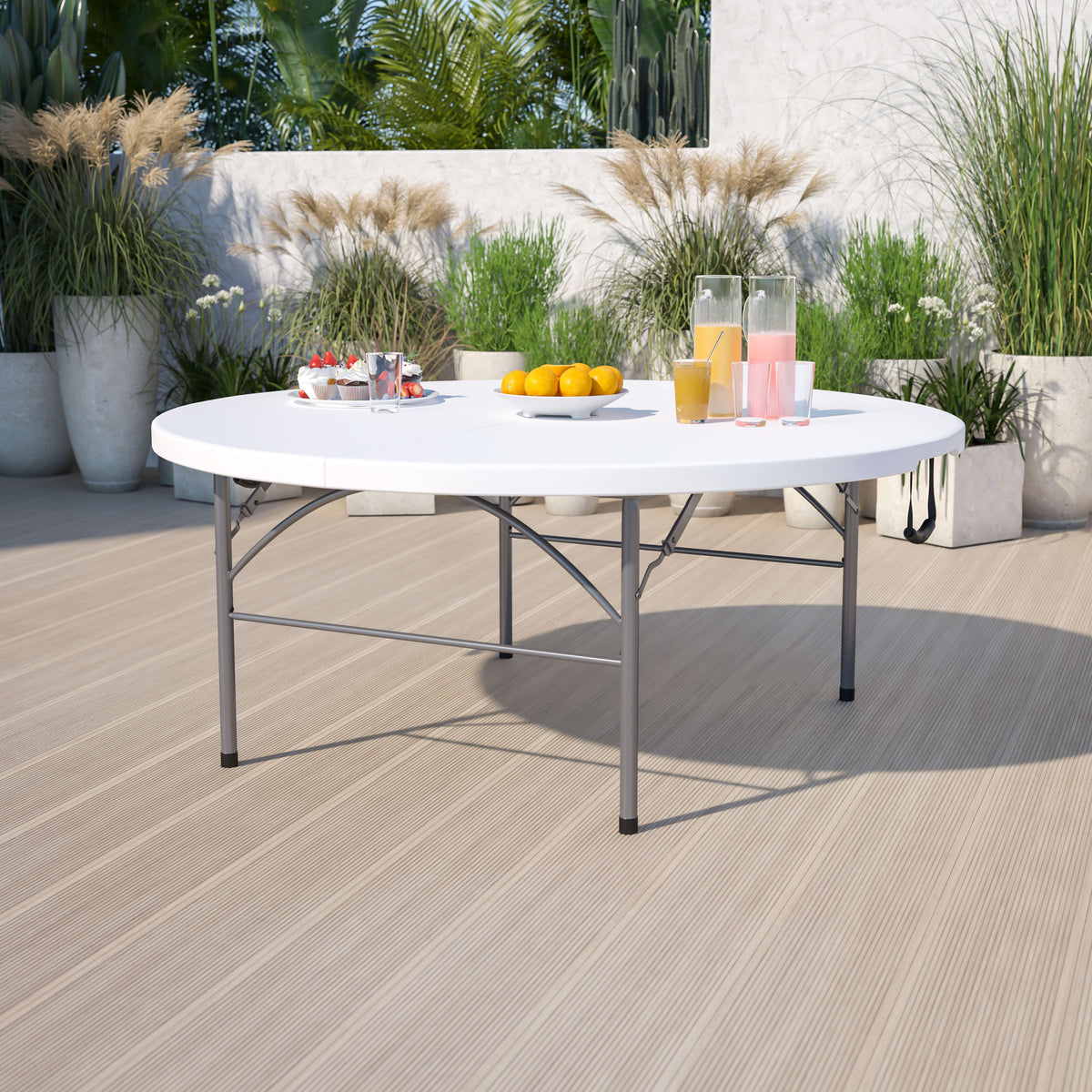Granite White |#| 5.89-Foot Round Bi-Fold Granite White Plastic Banquet Folding Table with Handle