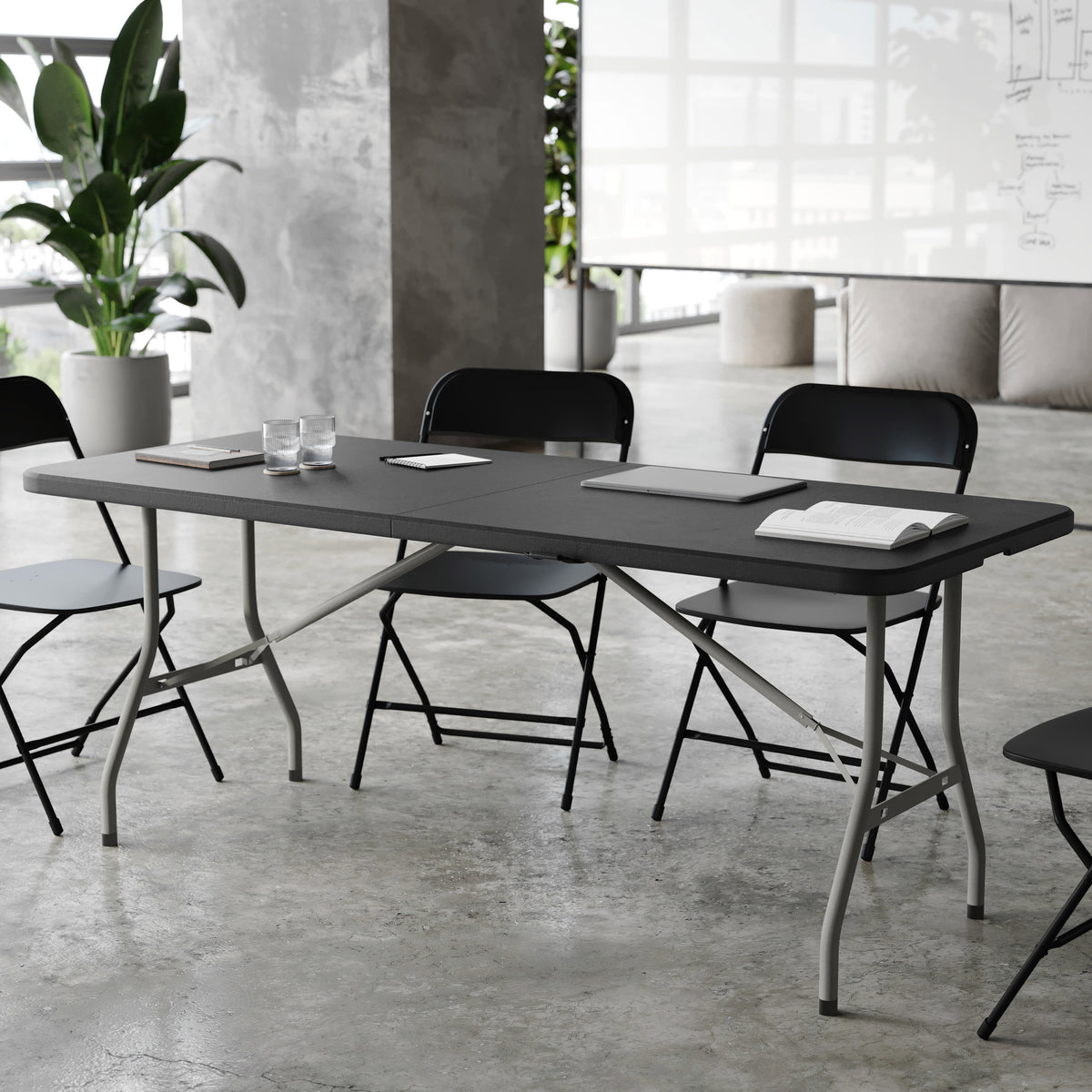 Black |#| 6-Foot Bi-Fold Granite Black Plastic Folding Table with Carrying Handle
