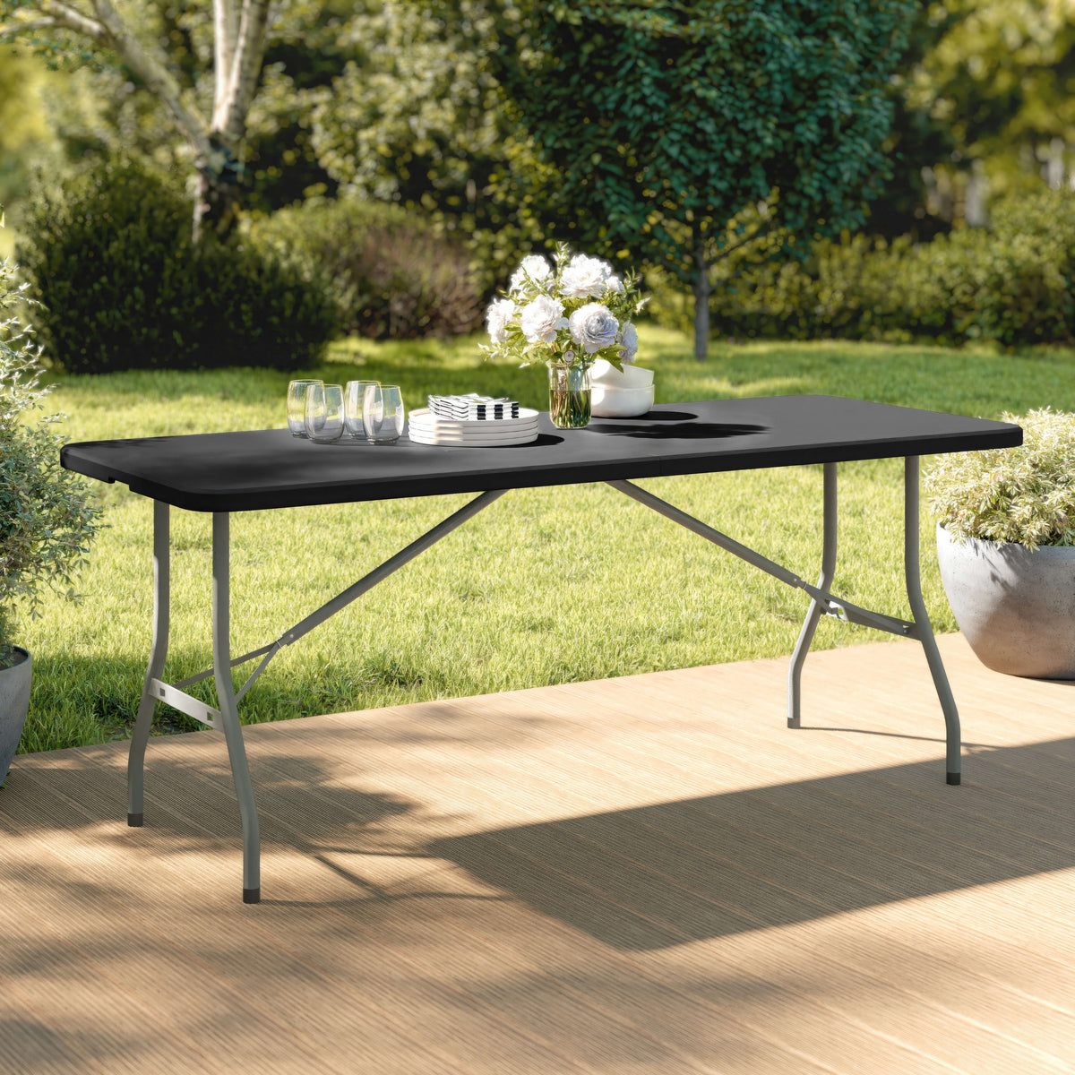 Black |#| 6-Foot Bi-Fold Granite Black Plastic Folding Table with Carrying Handle