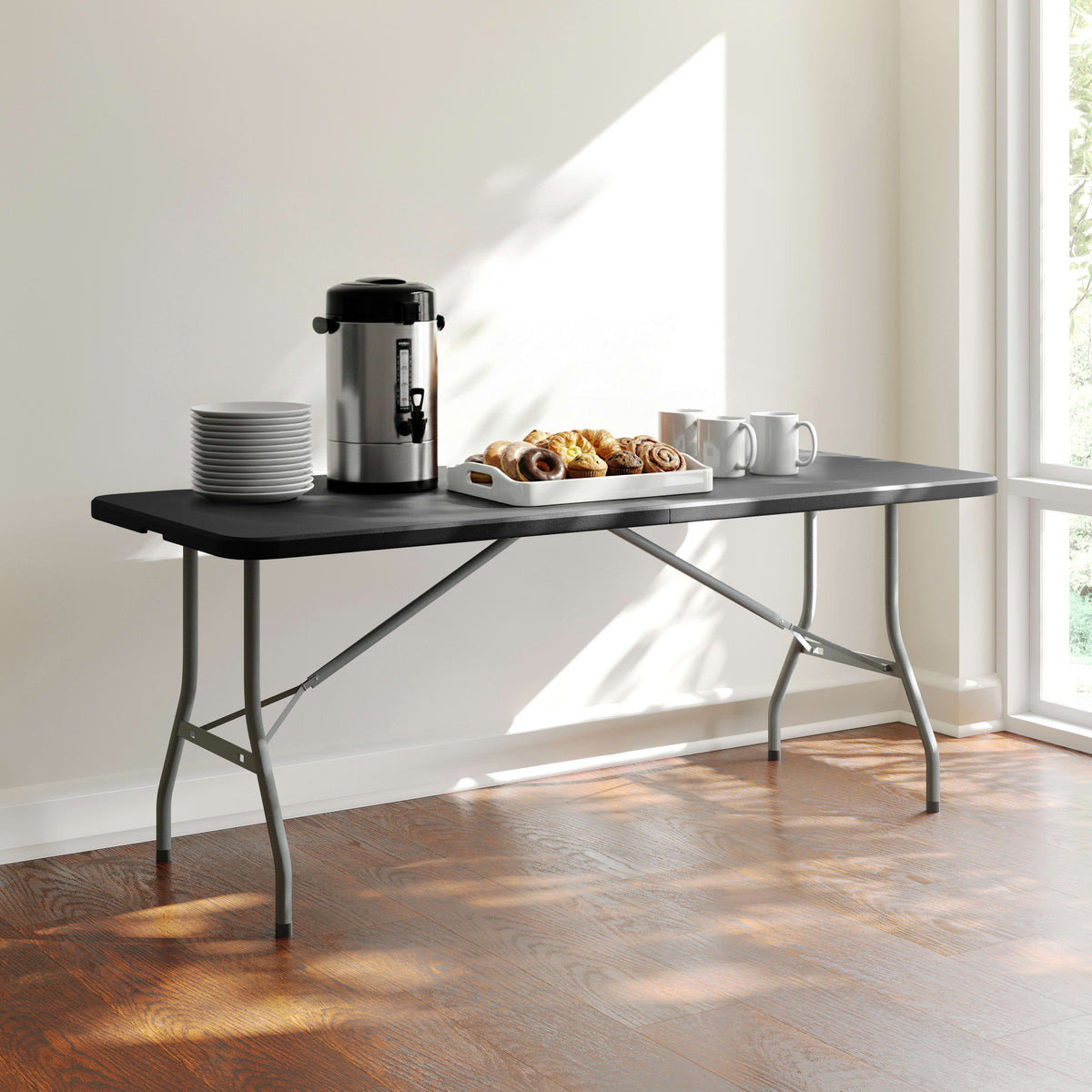 Black |#| 6-Foot Bi-Fold Granite Black Plastic Folding Table with Carrying Handle