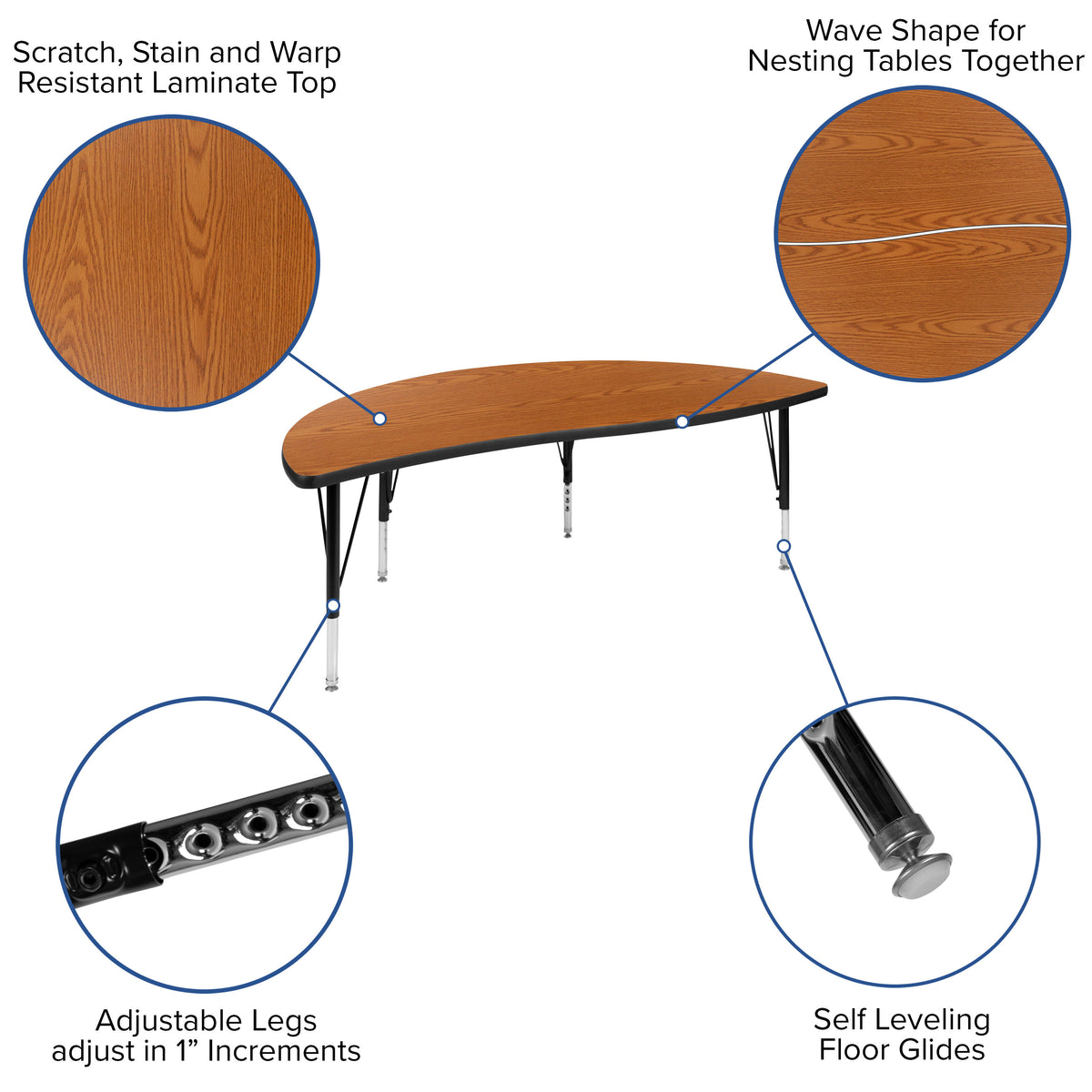 Oak Top/Black Frame |#| 60" Half Circle Wave Collaborative Oak Kids Adjustable Height Activity Table
