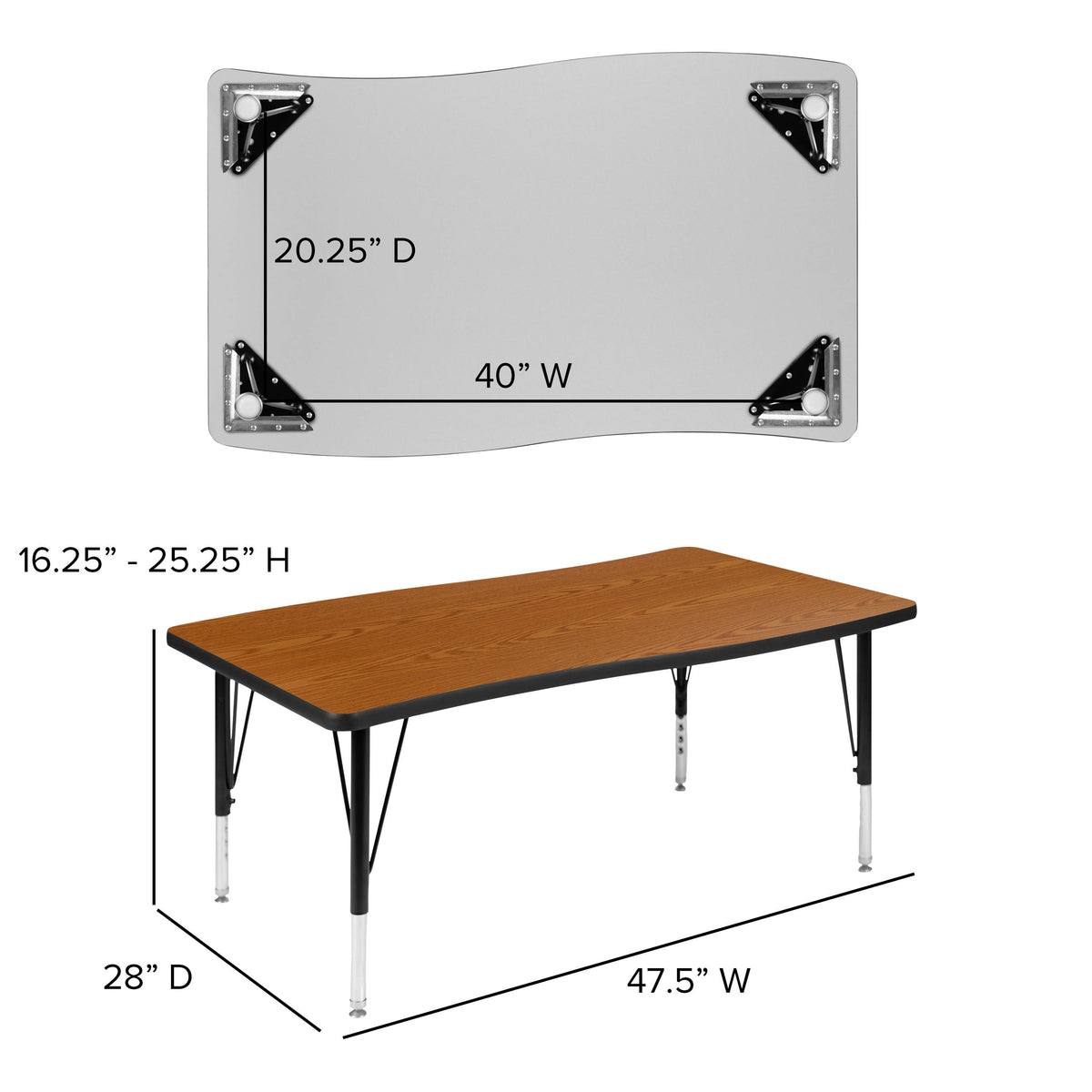 Oak Top/Black Frame |#| 76" Oval Wave Activity Table Set with 12" Student Stack Chairs, Oak/Black