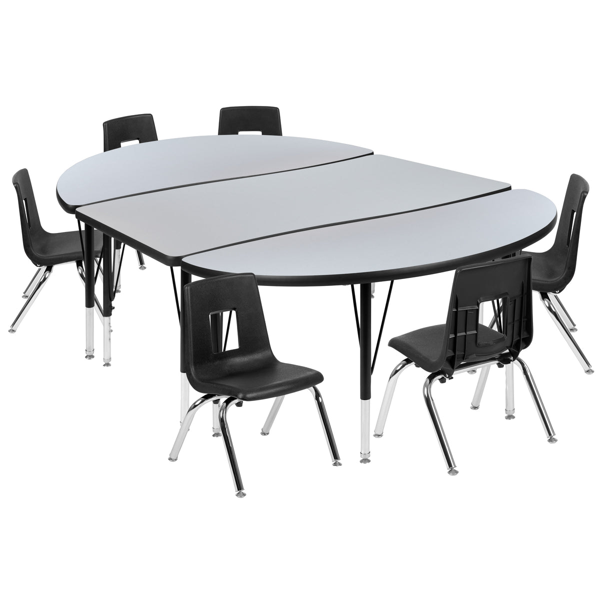 Grey Top/Black Frame |#| 76" Oval Wave Activity Table Set with 14" Student Stack Chairs, Grey/Black