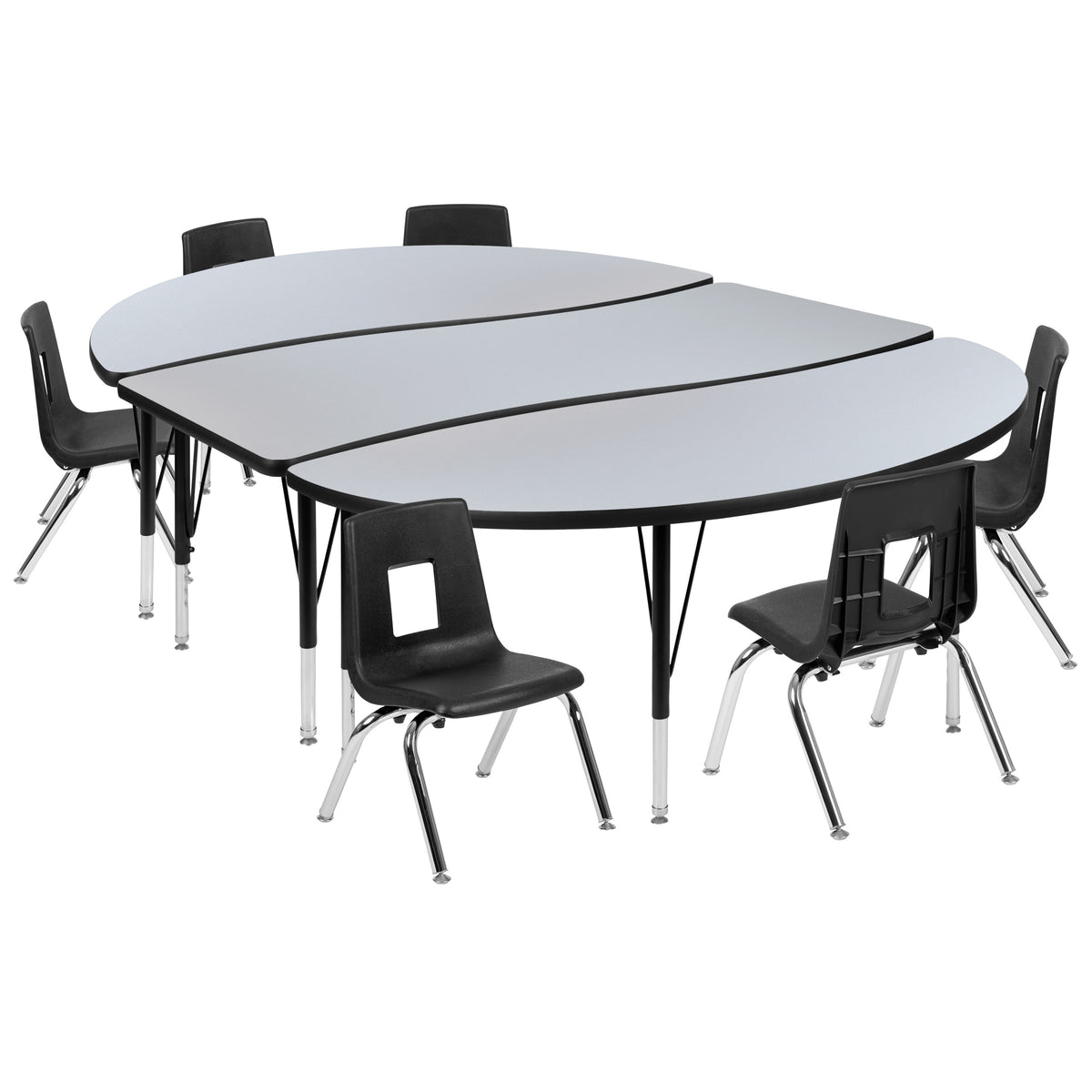 Grey Top/Black Frame |#| 86" Oval Wave Activity Table Set with 12" Student Stack Chairs, Grey/Black
