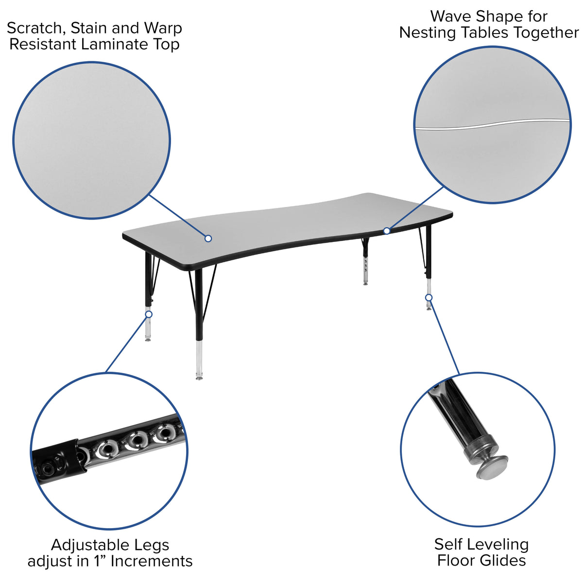 Grey Top/Black Frame |#| 86" Oval Wave Activity Table Set with 12" Student Stack Chairs, Grey/Black