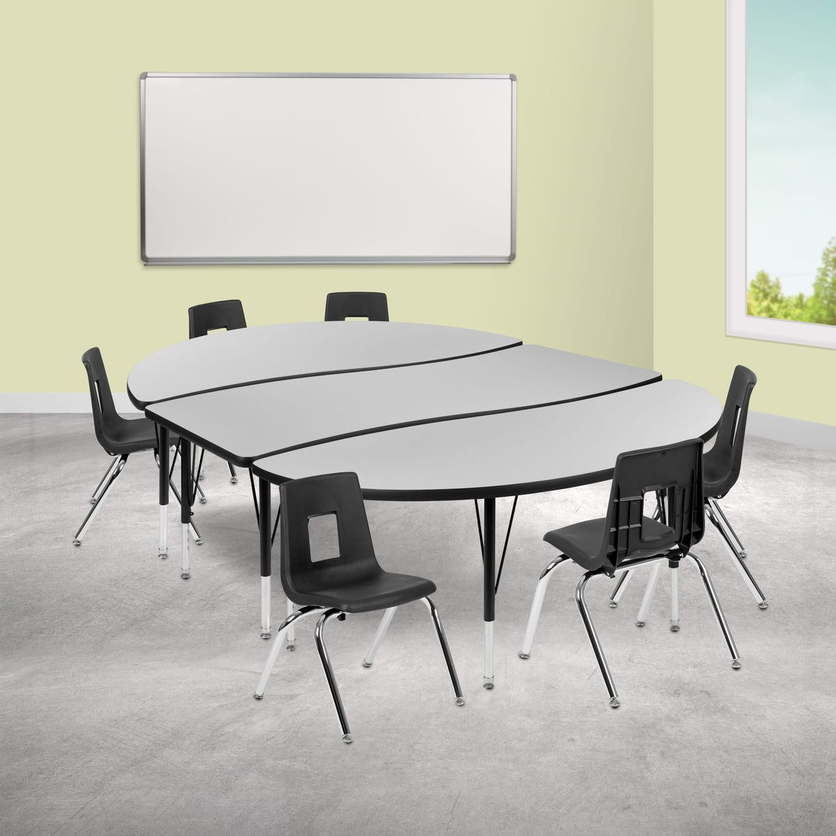 Grey Top/Black Frame |#| 86" Oval Wave Activity Table Set with 14" Student Stack Chairs, Grey/Black
