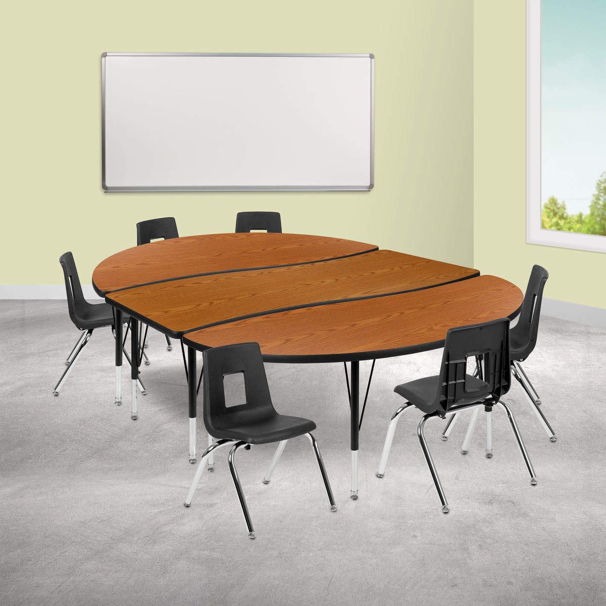 Oak Top/Black Frame |#| 86" Oval Wave Activity Table Set with 14" Student Stack Chairs, Oak/Black