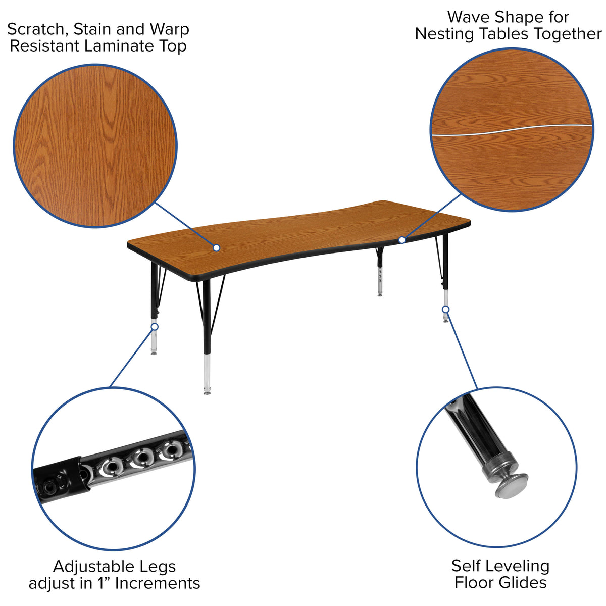 Oak Top/Black Frame |#| 86" Oval Wave Activity Table Set with 14" Student Stack Chairs, Oak/Black