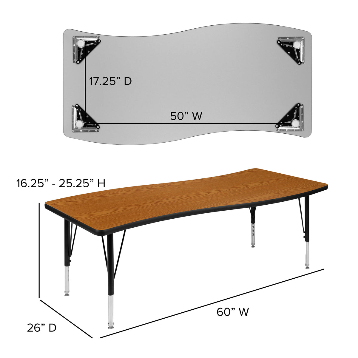 Oak Top/Black Frame |#| 86" Oval Wave Activity Table Set with 14" Student Stack Chairs, Oak/Black
