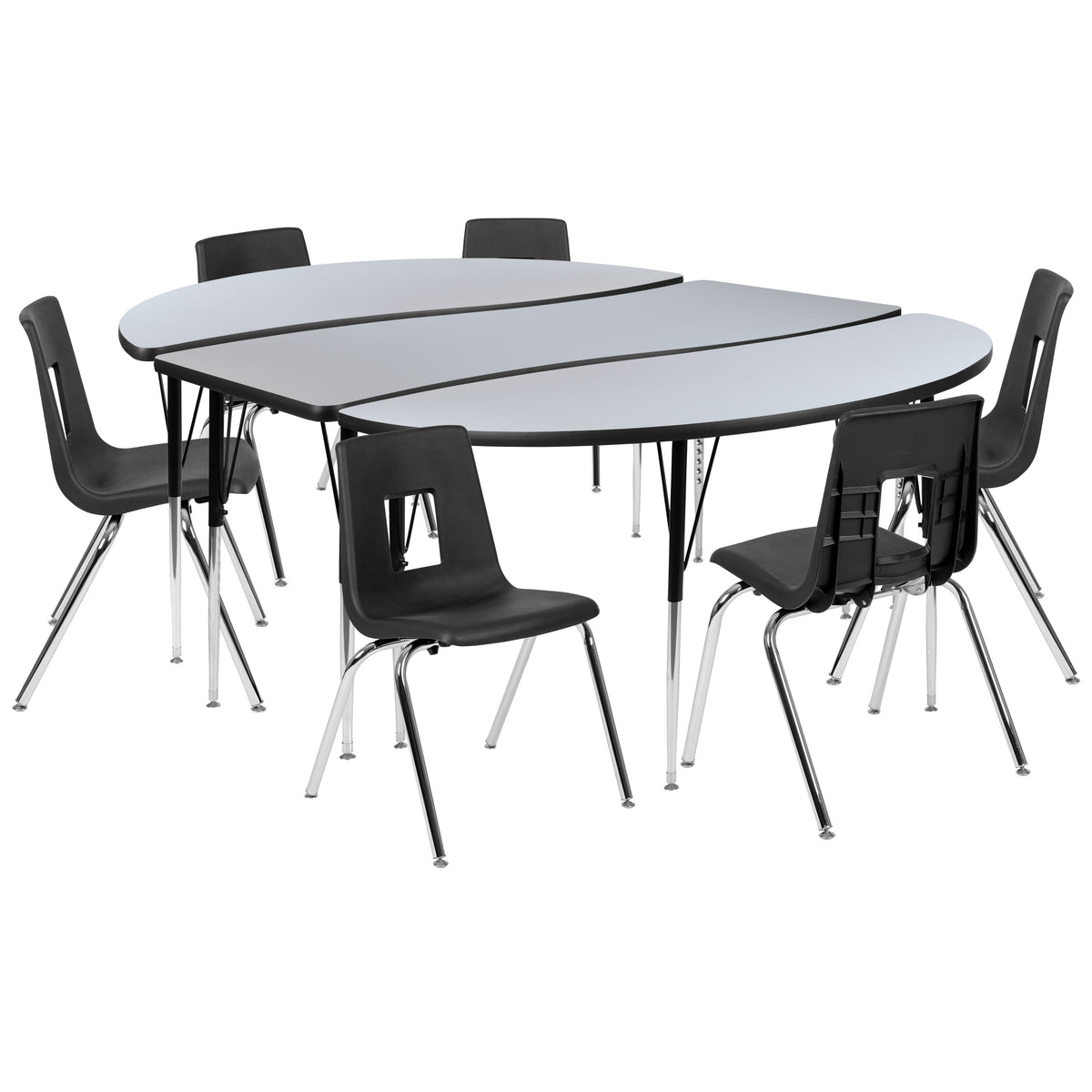 Grey Top/Black Frame |#| 86" Oval Wave Activity Table Set with 18" Student Stack Chairs, Grey/Black
