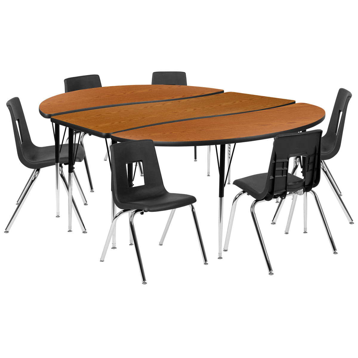 Oak Top/Black Frame |#| 86" Oval Wave Activity Table Set with 18" Student Stack Chairs, Oak/Black