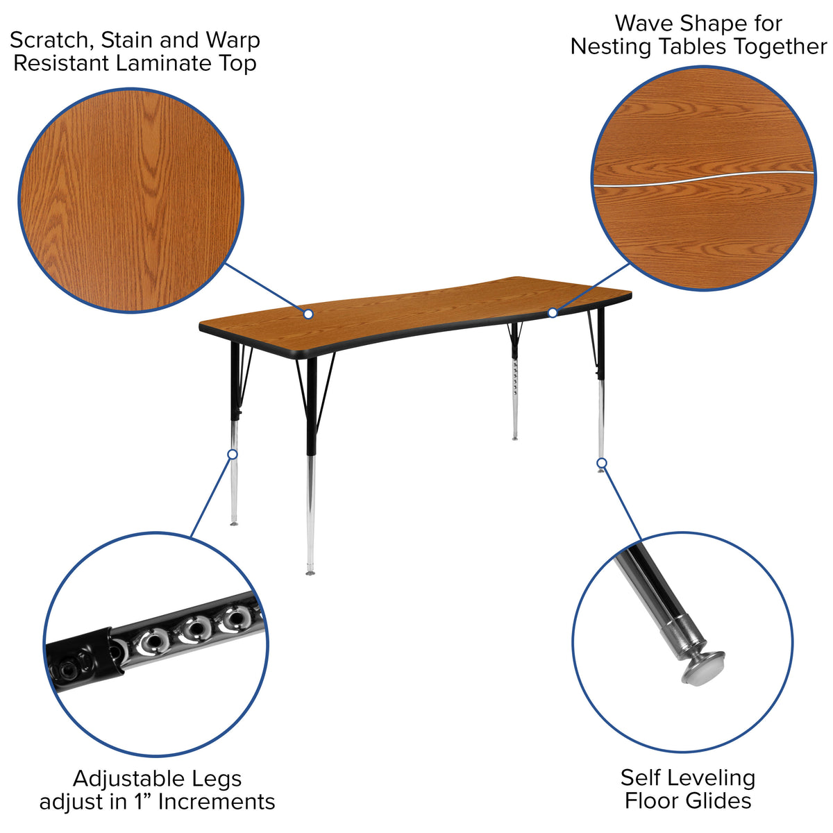 Oak Top/Black Frame |#| 86" Oval Wave Activity Table Set with 18" Student Stack Chairs, Oak/Black