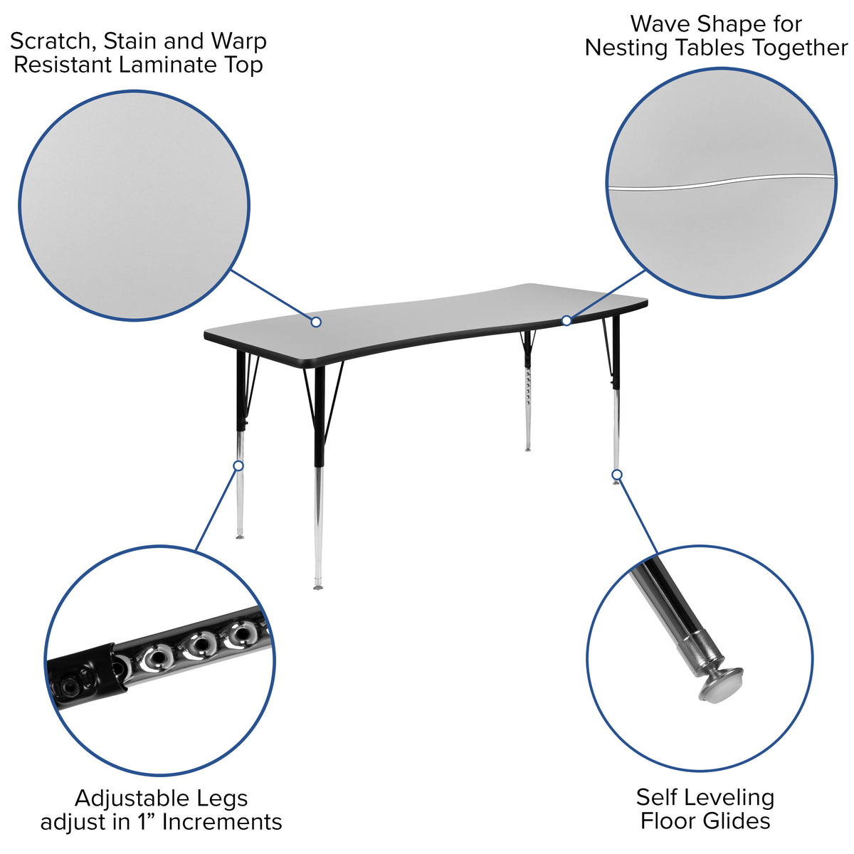 Grey Top/Black Frame |#| 86" Oval Wave Activity Table Set with 18" Student Stack Chairs, Grey/Black
