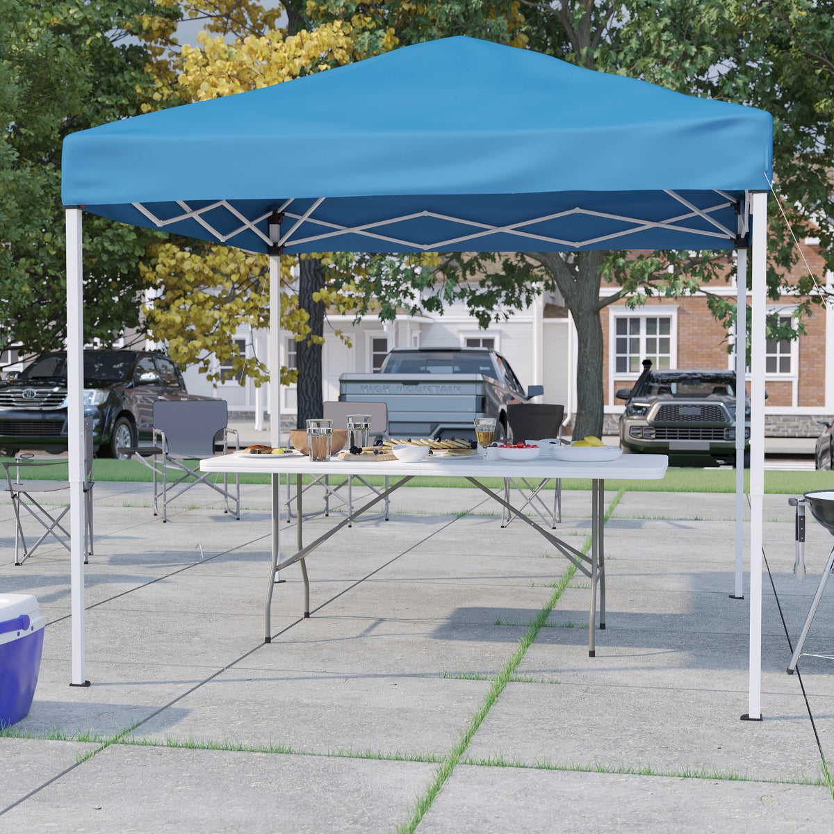 Blue |#| 8' x 8' Blue Pop Up Canopy Tent and 6 Ft. Bi-Fold Table with Carrying Handle