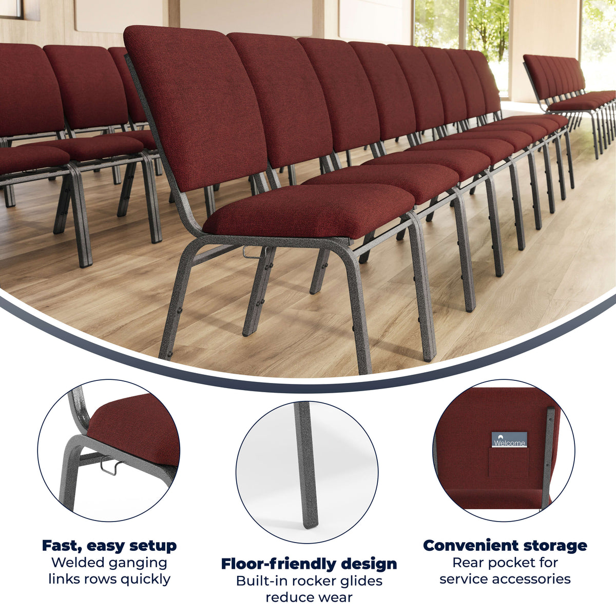 Maroon Fabric/Silver Vein Frame |#| Maroon Multipurpose Church Chairs - 18.5 in. Wide