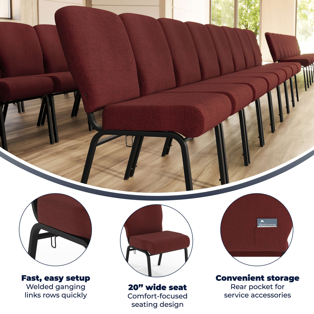 Maroon Fabric/Black Textured Frame |#| Signature Elite Maroon Church Chair - 20 in. Wide