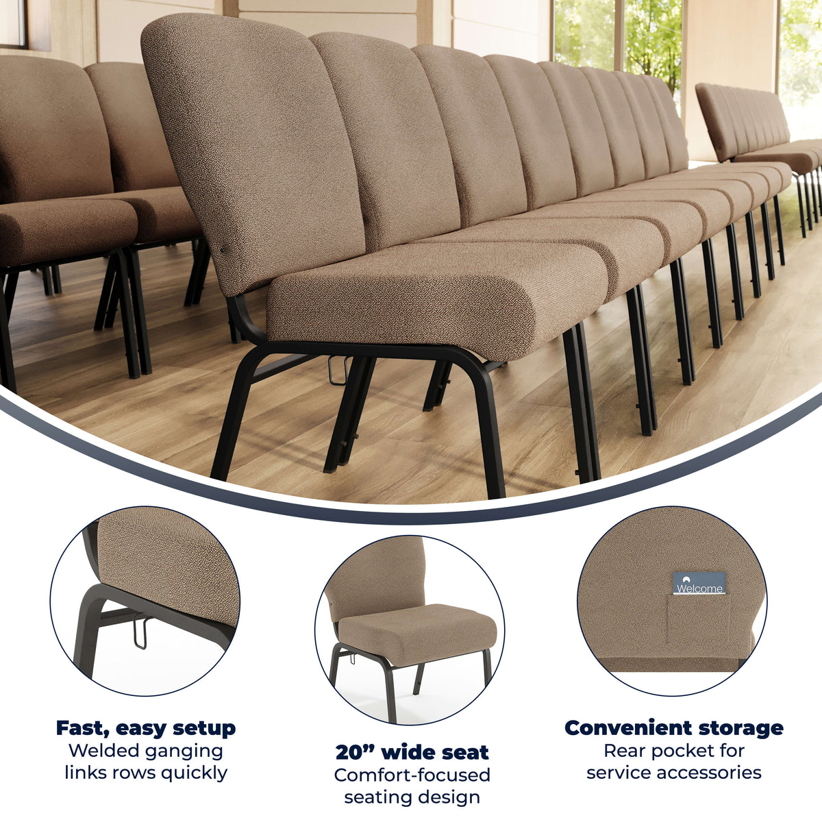 Tan Speckle Fabric/Black Textured Frame |#| Tan Speckle Church Chair - 20 in. Wide