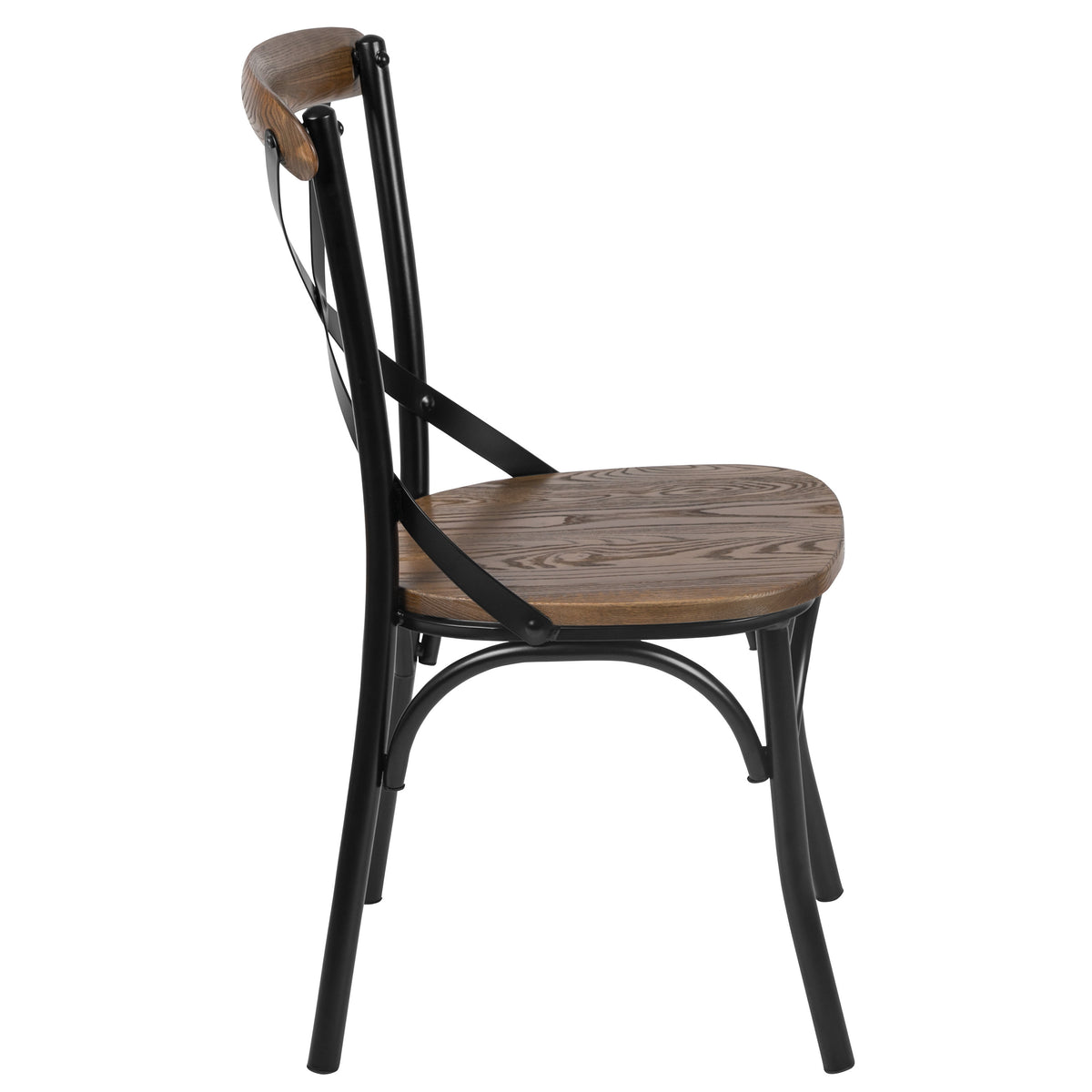 Fruitwood |#| X-Back Black Metal Dining Restaurant Chair with Fruitwood Seat