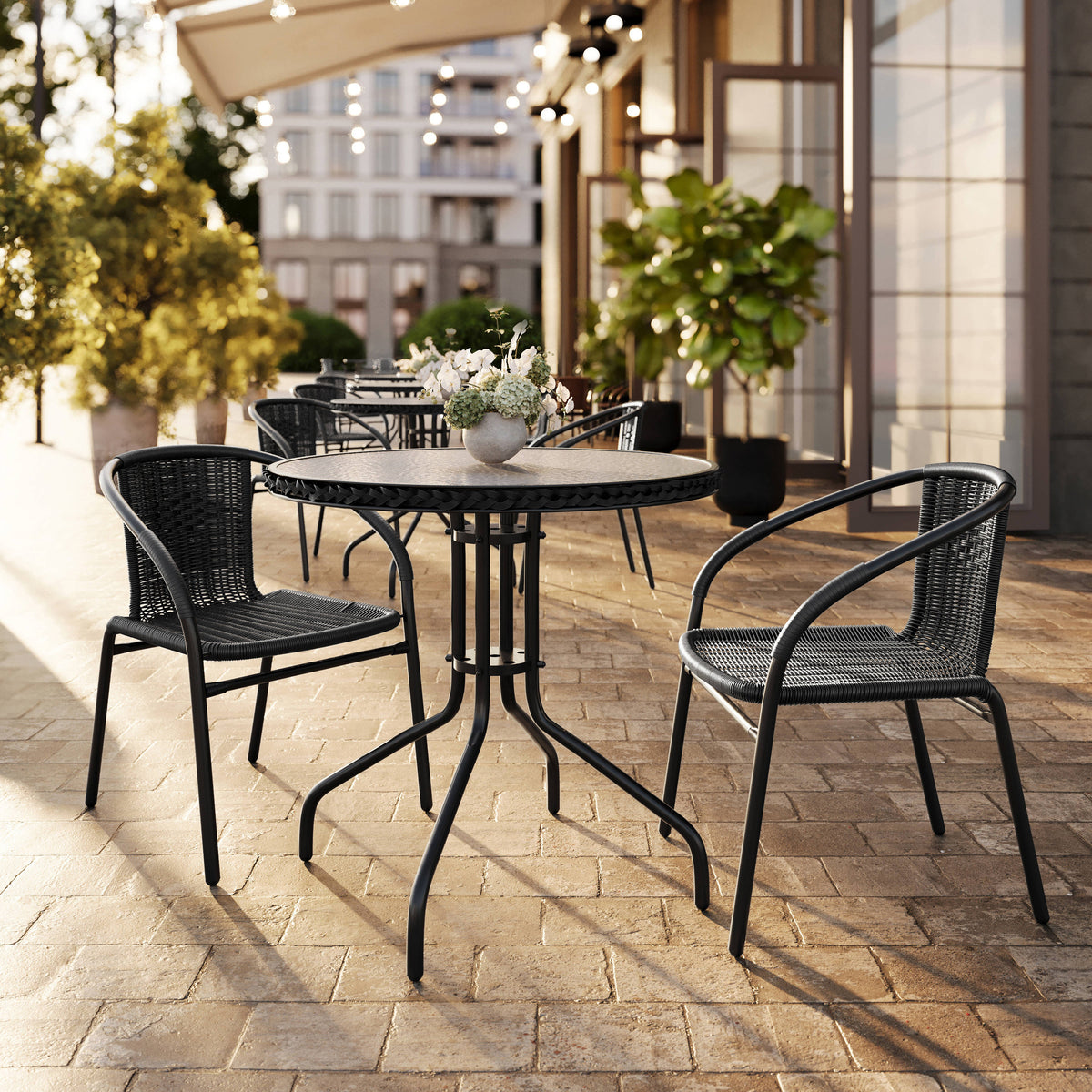 Black |#| 28" RD Glass Metal Table with Black Rattan Edging & 2 Black Rattan Stack Chairs